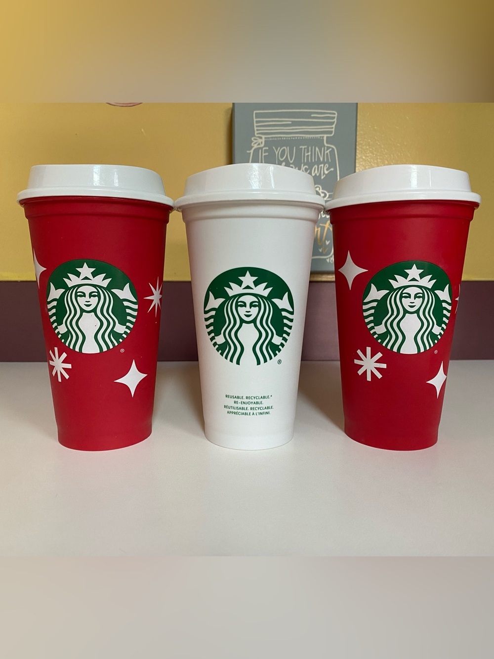3 - 16 oz Starbucks reusable plastic coffee cups